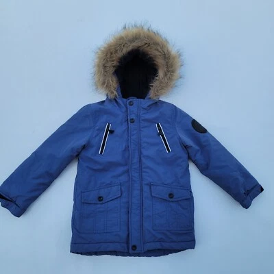 Tahari Boys Parka Puffer Jacket Coat Blue Beige Faux Fur Trimmed Hood Size 5 - Image 1 of 4