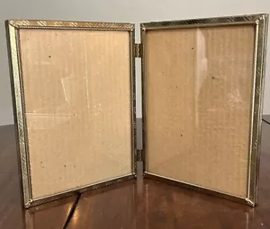 Vintage Bi-fold Picture Frame Gold Tone Embossed Geometric Lines 8"x10" - Picture 1 of 4