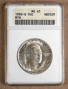 1950-S BOOKER T. WASHINGTON COMMEMORATIVE HALF DOLLAR ANACS MS65 - OLD HOLDER - Picture 1 of 2