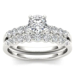 14k White Gold Round Cut 1Ct Diamond Bridal Set Ring Size 7 Clarity I2 - Picture 1 of 6