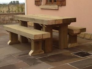 RUSTIC Solid Wooden Sleeper Outside Table And Benches /Garden Furniture