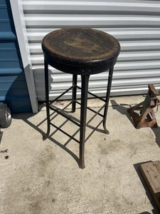 Antique UHL? Industrial Angle Iron Metal Wood Seat Drafting Bar Machinist Stool - Picture 1 of 8