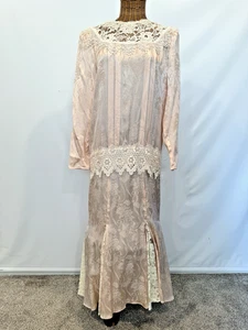 VTG 80’s Light Pink Jessica McClintock Drop Waist Silk Jacquard Dress Lace Sz 6 - Picture 1 of 23