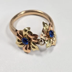 Vtg 1/20 10k Gold Filled P.S. Co. Two Tone Floral Bracelet with Blue Rhinestone - Picture 1 of 11