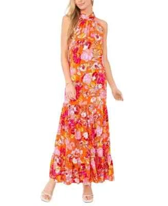 MSK Women's Floral-Print Tiered Halter Neck Summer Maxi Dress Orange Pink M - Picture 1 of 11