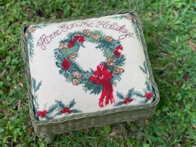 Vintage Green Wicker Footstool ottoman Home For The Holidays Wreath Needlepoint - Image 1 of 4