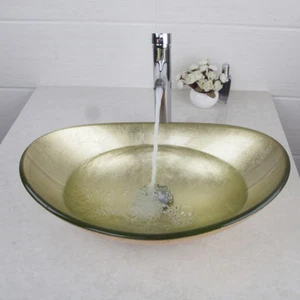 Hand Made Oval Bath Bathroom Tempered Glass Vessel Sink Faucet And Drain Combo - Picture 1 of 10