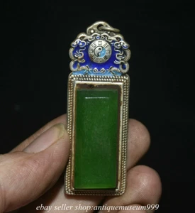 2.6" Old Chinese Silver Inlay Green Jade Gem Double Fengshui Dragon Pendant - Picture 1 of 7