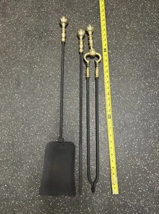 Antique Ball Top  1800’s Wrought Iron & brass Fireplace Tongs /Shovel/Poker - Picture 1 of 9