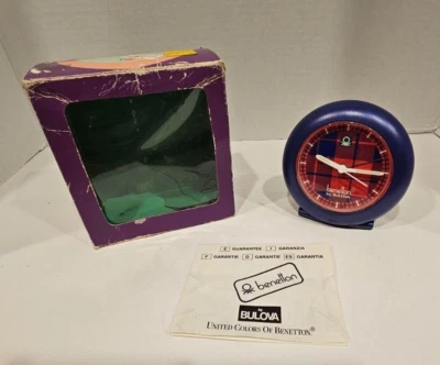 Benetton by Bulova Desk Clock Purple with Red Plaid Works with Box Instructions - Image 1 of 4
