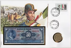 MÉXICO Independencia IGNACIO de Allende FDC 1985 con Billete de 50 PESOS y Moneda de $200 5 x1 - Imagen 1 de 4