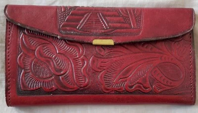 Cartera de Cuero Hecha a Mano Larga Doble Pliegue Repujado México 7" Patrón Floral Foto 1 de 4
