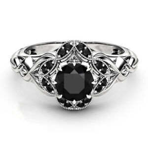 1.30Ct Black Round Moissanite Engagement Wedding Ring Solid 925 Sterling Silver