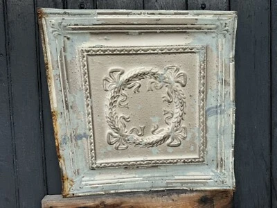 C.1885 Tin Ceiling Panel Bay Leaf WREATH & Fleur De Lis 24x24" Shabby, Holidays - Image 1 of 4
