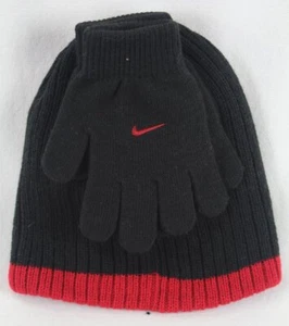 Nike Boys Swoosh Beanie Hat & Gloves 2PC Set Black Red Size 8/20 NWT - Picture 1 of 1
