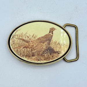 VINTAGE 1970S BARLOW SCRIMSHAW PHEASANT BRASS BELT BUCKLE - Picture 1 of 3