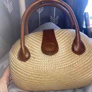 Vintage Tan & Brown Hard Purse With Woven  Buri Straw EUC - Picture 1 of 11