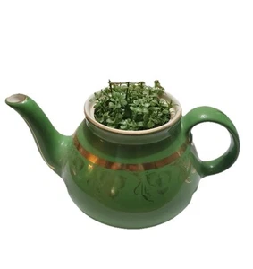 Vintage HALL 6 Cup Green and Gold Art Deco Tea Pot With Faux Plant - Picture 1 of 4