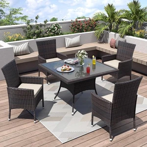 Garden Rattan Furniture Bistro Table Chair Set Glass Top with Table Parasol Hole - Picture 1 of 85
