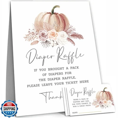 Tarjetas de juego Pumpkin Baby Shower, 50 entradas para rifa de pañales y 1 independiente  Foto 1 de 3