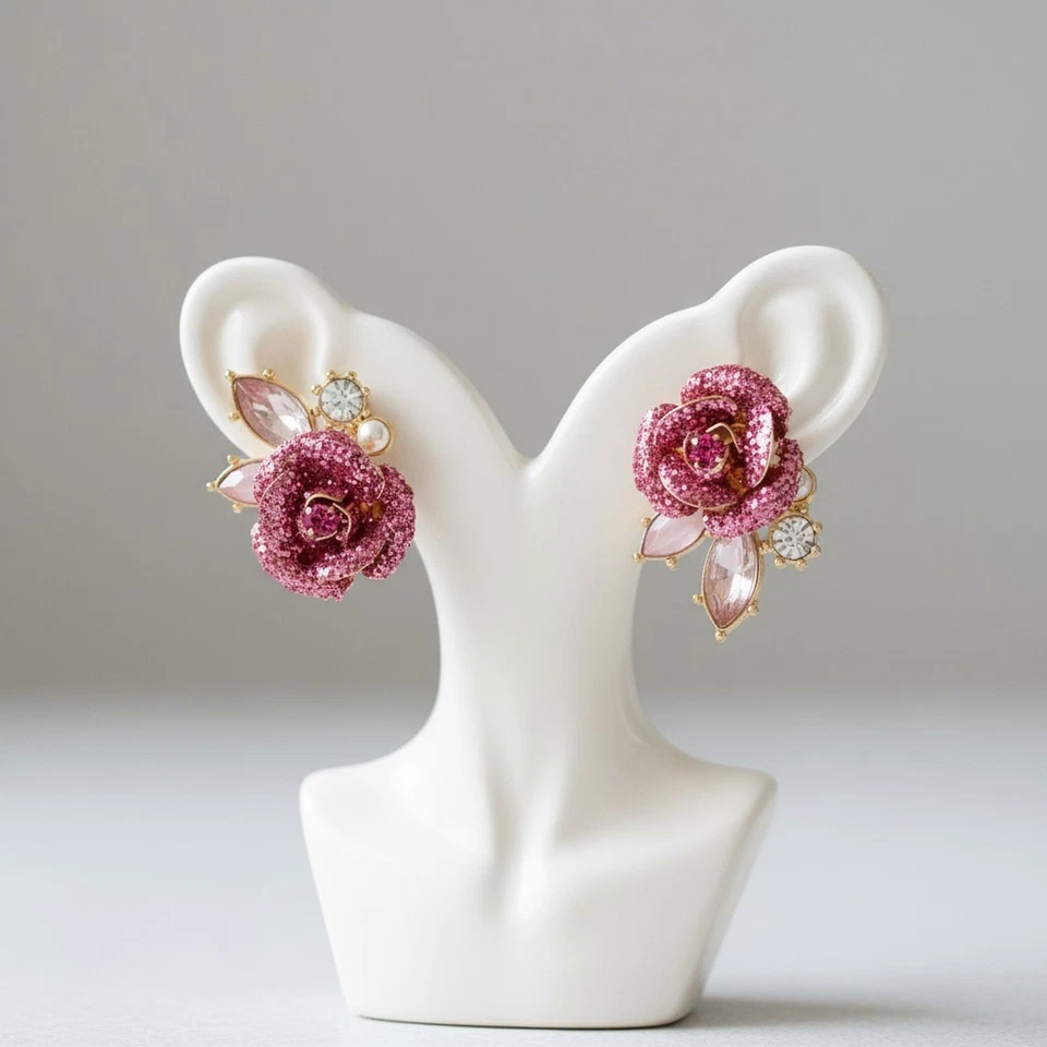 Betsey Johnson Mismatch Stud Earrings Glitter Rose | Mixed Stones and Pearls - Image 1 of 4
