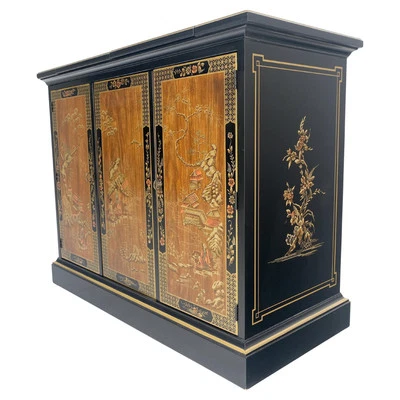 Aparador para servir Drexel con tapa abatible barra sobre ruedas estilo chinoiserie laca negra Foto 1 de 4