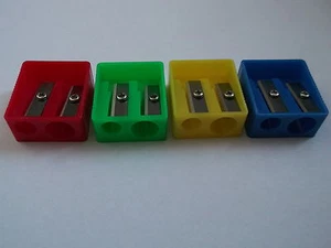 8 Double Hole Plastic Pencil Sharpeners - Blue, Green, Red, Yellow or Mixed - Picture 1 of 2
