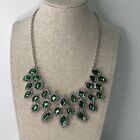 Faceted Emerald Green Gemstone Silver Tone Chain Bib Necklace 18”