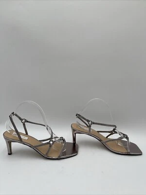 Saks Fifth Avenue ROSALINDA Silver Leather High Heel Slingback Sandals Size 9.5M - Image 1 of 4