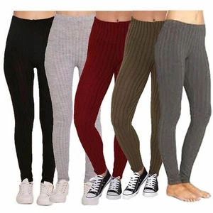 New Ladies Leggings Ribbed Cable Thick Chunky Knitted Warm Plain Full Legging - Picture 1 of 6