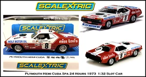 "Scalextric Plymouth Hemi Cuda ""Levi's"" Spa 24 horas 1973 coche ranura 1:32 DRP C4247 - Imagen 1 de 7