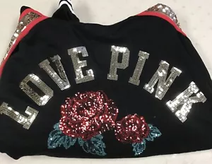 Y2K Retro Victoria’s Secret Pink Laced Up Hoodie Love Pink Roses Sequin Bling L - Picture 1 of 3