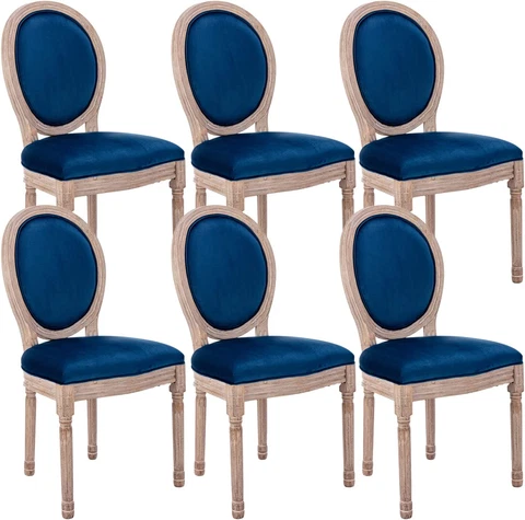 French Country Dining Chairs Set of 6, Vintage Louis Chairs with Curved Backrest Cover