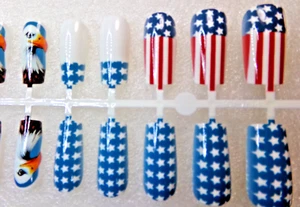 4th of July Nails Shiny American Flag Red White & Blue Eagles GLUE ON Long - Picture 1 of 3