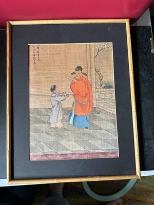 Antique Chinese Gouache Painting on Silk Calligraphy  Foto 1 de 4