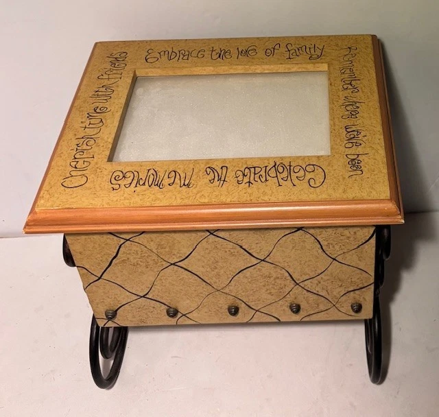 Wood Storage box with place from 4 X 6 photo on top and iron legs (Size app 9x9) - Image 1 of 2
