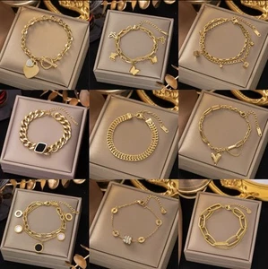Women Bracelet 18K Gold Plated Stainless Steel Bangle Multiple Designs Jewellery - Picture 1 of 21