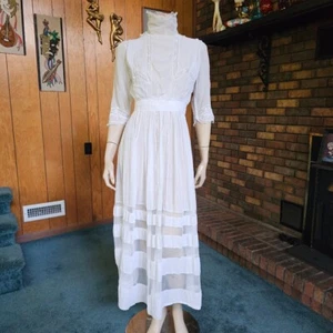 Vtg Antique 1900s Edwardian High Collar Lace Netting Lawn Tea Dress XS/S Wounded - Picture 1 of 10
