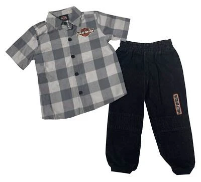 Harley-Davidson Conjunto de 2 piezas de camisa a cuadros y pantalón vaquero para niños pequeños - Gris Foto 1 de 2