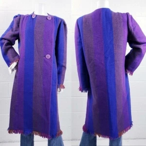 Vintage Pauline Trigere 60s Woven Wool Overcoat Purple Blue Size Medium - Picture 1 of 15