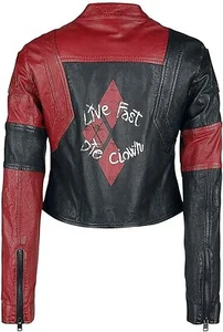 Chaqueta roja payaso HQ Live Fast Die para mujer - La chaqueta de cuero real - Imagen 1 de 5