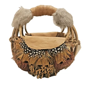 Handgefertigter Korb/Tasche Rindsleder & Federn Saddleman's of Santa Fe New Mexico - Bild 1 von 13