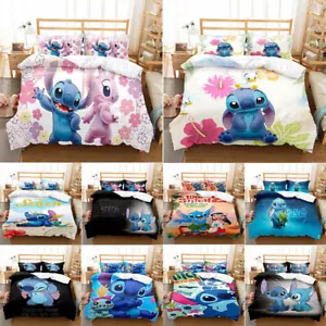 Cute Lilo & Stitch Duvet Cover Pillowcase 3-Piece Bedding Set Stitch Pillow Case - Picture 1 of 13