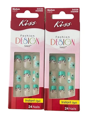 Paquete de 2 uñas de diseño de moda beso flor verde menta medianas cuadradas DGDN09 Foto 1 de 4