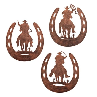 WAIU Metal horseshoe wall art decor with cowboy, western rustic style horse - Image 1 of 4