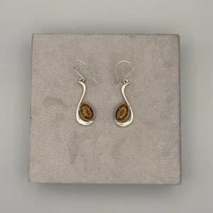 Sterling Silver Amber Earrings - Oval Gemstone Drops - Elegant Baltic Design - Picture 1 of 7