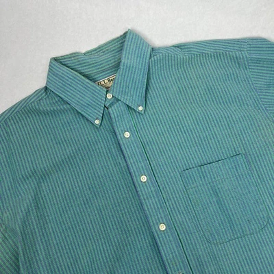 LL Bean Seersucker Shirt Mens Extra Large Green Teal Hickory Railroad Stripe USA - Image 1 of 4