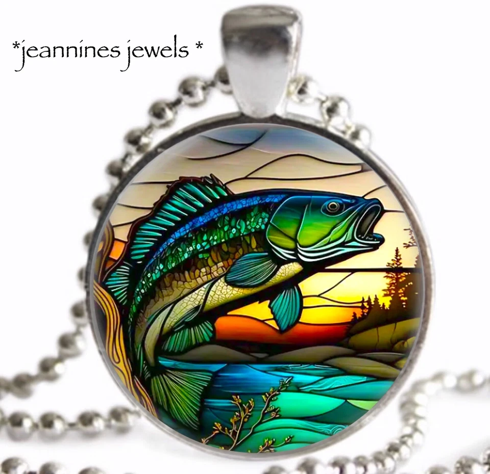 COLLAR Boca Grande Pez Lubina Imitación Vidrieras Estilo Arte Plata Dije Colgante Foto 1 de 4