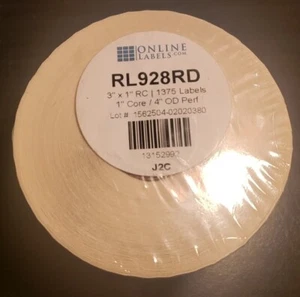 Online Labels RL928RD Roll - 1375 Labels 3" X 1" RC 1" Core 4" OD Perforated - Picture 1 of 2