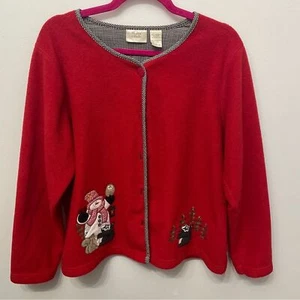 Vintage Christmas Ugly Sweater L Women’s button up  Cardigan Fleece Red - Picture 1 of 7